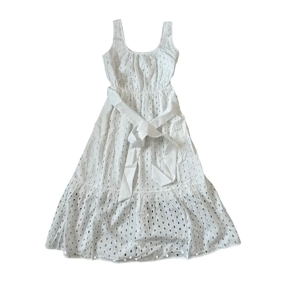 J.Crew Petite Old Money Minimalist White Eyelet Belted Midi Dress P0